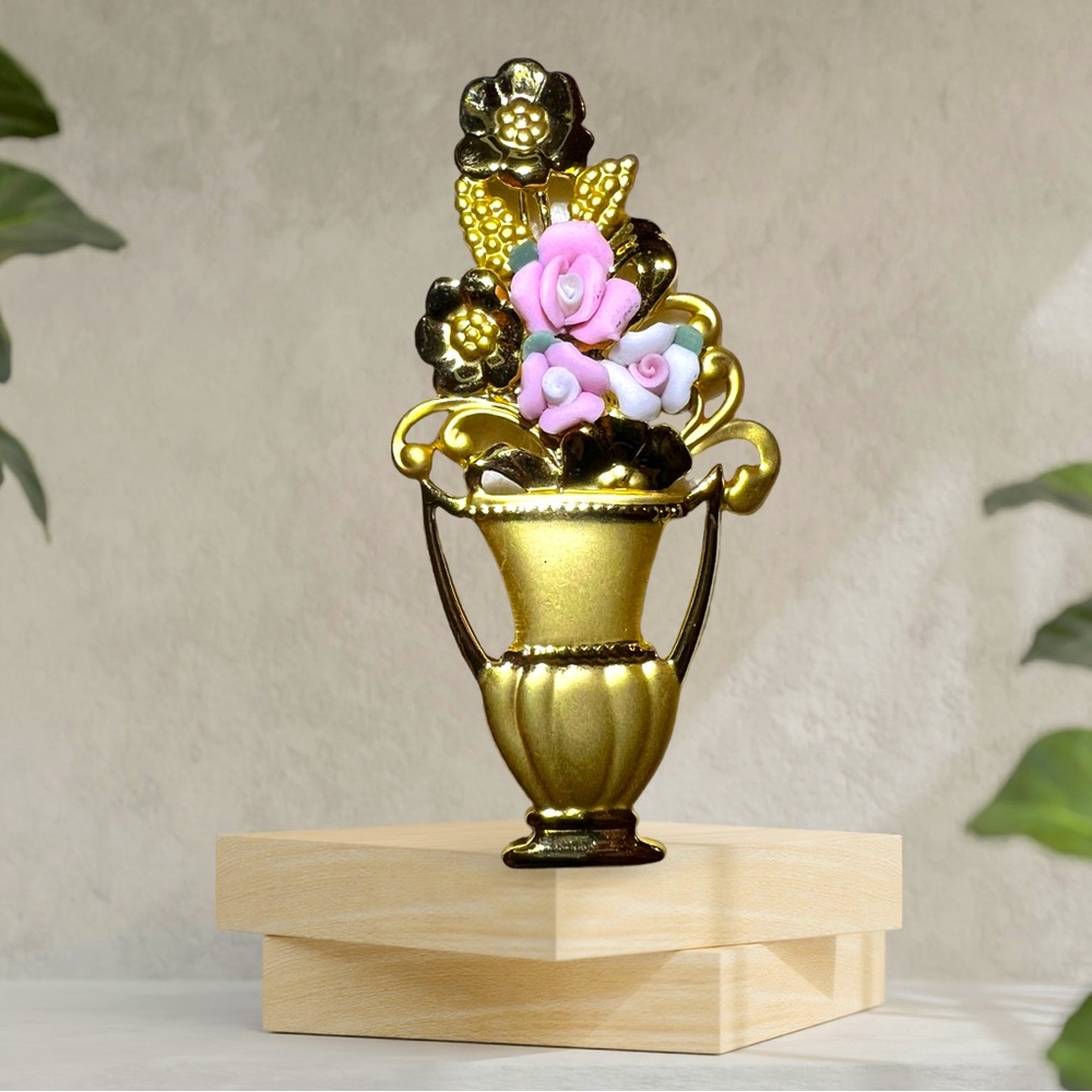 Vintage AJC Matte Gold Bouquet Urn Vase With Porcelain Flowers Brooch Pin,